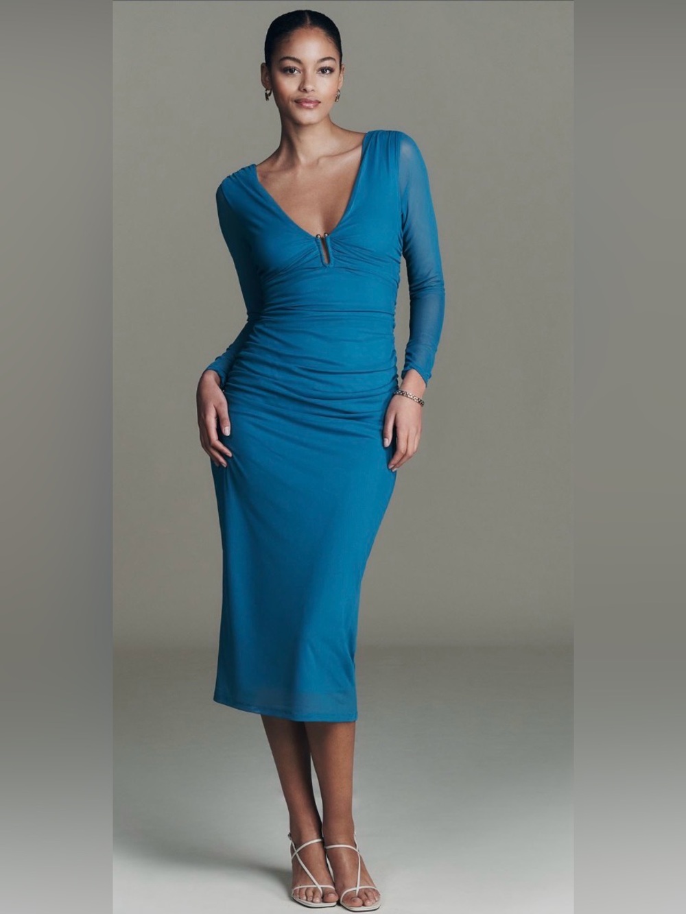 Anthropologie new long-sleeve deep-v hardware midi dress L wedding cocktail luxe